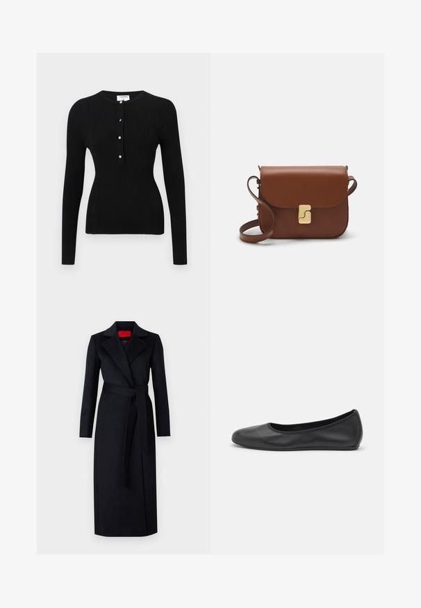 Melnas garām piedurknēm ribota augšdaļa ar apaļo kakla izgriezumu un pogu plāksni ar sudraba krāsas pogām. Gluda tekstūra, pieguļošs dizains.; Melnas pusgarās mēteles ar garām piedurknēm, apvilktu dizainu un atbilstošu jostu. Izgatavota no gludas auduma, ar sagrieztu apkakli un sānu kabatām.; Melna ādas baleta kurpe ar noapaļotu purngalu, gludu tekstūru, minimālu šuvju detalizāciju un elastīgu zoles dizainu.; Bordo ādas rokas soma ar atloku, zeltītām detaļām, plecu siksnu un gludu virsmu. Kompakta, taisnstūrveida forma.