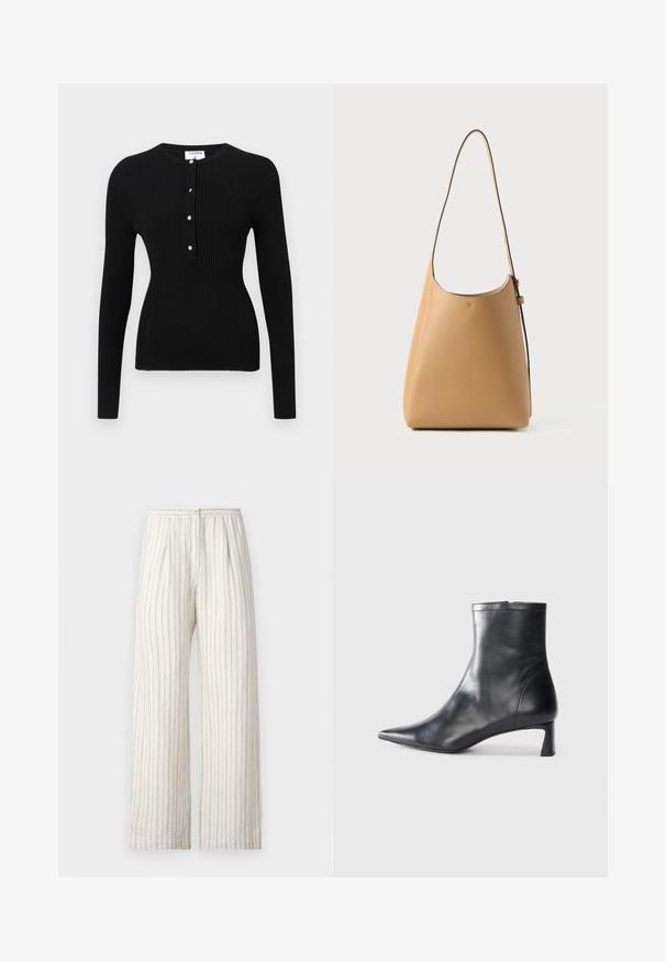 Maglione nero a maniche lunghe in costina con scollatura rotonda e un bottone centrale con bottoni in tonalità argento. Tessuto liscio, design aderente.; Samsøe Samsøe SATOVE TROUSERS - Pantaloni - egret; Stivaletto in pelle nera con punta affusolata e design elegante. Presenta un tacco basso e una chiusura con zip sul retro. Texture liscia.; Borsa a spalla in pelle di un tan chiaro con una superficie liscia, design minimalista, una singola tracolla curva e dettagli hardware discreti.