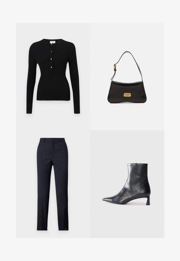 Top preto de manga longa com textura de canelado, apresentando um decote redondo e uma patilha de botões com botões em tom prateado. Textura suave e design ajustado.; Calças ajustadas em azul-marinho com corte reto, apresentando uma textura suave, dois bolsos frontais e um cós liso.; Bota de tornozelo em pele preta com biqueira apontada e um design elegante. Apresenta um salto baixo e um fecho com zipper na parte de trás. Textura suave.; Mala de couro preta com um design curvado, placa em ouro com o logotipo como detalhe e uma alça de ombro fina. Textura suave com um acabamento elegante.
