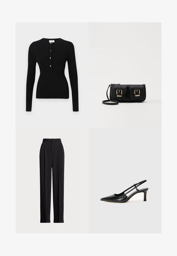 Black long-sleeve ribbed top featuring a round neckline and a button placket with silver-tone buttons. Smooth texture, fitted design.; Black tailored trousers with a high waist, featuring pleats at the front, a straight leg design, and a cuffed hem. Made from smooth fabric.; Black patent slingback heel with a pointed toe, featuring textured snake print, adjustable strap, and a short, textured block heel.; Black leather crossbody bag with two front pockets, gold buckles, zipper closure, and a slim strap. Textured surface and compact rectangular shape.