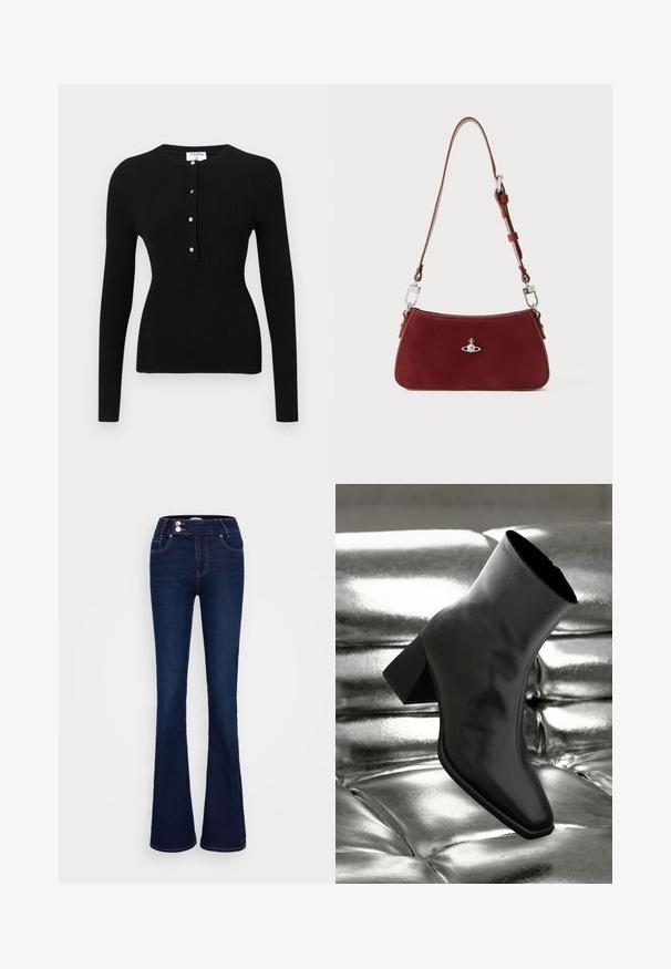 Fekete, hosszú ujjú bordázott felső, kerek nyakkivágással és ezüstszínű gombokkal díszített gombolással. Sima textúra, testhezálló fazon.; Sötétkék bővülő farmernadrág, magas derékkal, két elülső zsebbel és két gombos záródással. Finom textúrájú denim anyagból készült.; Fekete bokacsizma fényes anyagból, négyzetes orral és szűkített sarkú, egy csillogó ezüst kárpitozott háttér előtt.; Piros velúr válltáska ívelt formával. Ezüst tónusú kiegészítőkkel és állítható pánttal, hardver részletekkel. Simább felszíne van.