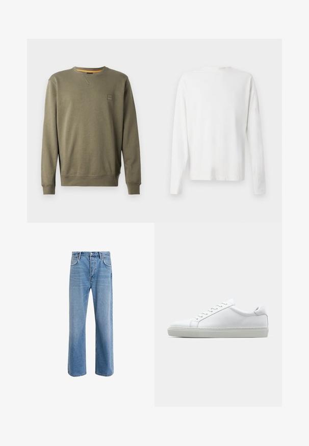 Olijfgroene sweatshirt van een zachte katoenmix, met een ronde hals, geribde boorden en een klein logo-opdruk op de borst.; Witte katoenen blouse met lange mouwen en een ronde halslijn, met zijsplitten aan de onderkant en een gladde textuur, vanuit de achterkant weergegeven.; Lichtblauwe denim jeans met een straight-leg ontwerp, vijf zakken, knoopsluiting, minimale vervaging en contrasterende stikseldetails.; Witte sneaker met een gladlederen bovenwerk en een laag profiel. Voorzien van een ronde neus, zes vetergaatjes en een gestructureerde rubberen zool.