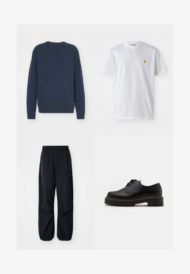 Carhartt WIP ANGLISTIC - Jumper - air force blue; White cotton t-shirt with short sleeves, crew neck, featuring a small gold logo on the left chest area. Soft texture and regular fit.; Black lightweight cargo pants with an elastic waistband, side zippers, and spacious pockets. Features a loose fit and tapered cuffs.; Black leather lace-up shoe with a rounded toe, textured rubber sole, and yellow stitching around the base. Flat design and smooth finish.