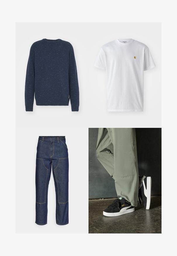 Carhartt WIP ANGLISTIC - Trui - air force blue; Witte katoenen t-shirt met korte mouwen en ronde hals, voorzien van een klein gouden logo op de linkerkant van de borst. Zachte textuur en een normale pasvorm.; Donkerblauwe denim jeans met een hoge taille, rechte pijpen, contrasterende stiksels en opgestikte zakken aan de voorkant.; Zwarte suède sneakers met witte rubberen zolen en zijstrepen, gecombineerd met lichtgroene cargobroeken, staande op een gestructureerd donker oppervlak.