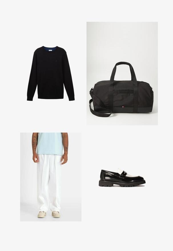 Pull en tricot noir à manches longues, avec un col, des poignets et un ourlet côtelés. Présente un logo discret sur la poitrine et une encolure intérieure bleue.; Pantalons blancs à large jambe avec une texture lisse, dotés de plis à l'avant. Portés avec un haut bleu clair et des chaussures beige.; Mocassins en cuir verni noir avec un accent en cuir blanc, semelle épaisse en caoutchouc noir, et détails cousus. Texture lisse avec une finition brillante.; Sac de sport noir en tissu durable, avec des poignées doubles, une sangle détachable, une fermeture éclair, et un petit logo à la base.