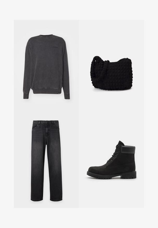 Dickies PLENTYWOOD - Melegítőfelső - black; Sötétszürke farmernadrág egyenes szárú kialakítással, cipzáros nyitással, öt zsebbel és finom elhalványulásokkal az anyagon.; Fekete fűzős bokacipő, párnázott gallérral és strapabíró talppal, oldalnézetből, fehér háttér előtt.; Fekete szövet táska texturált, steppelt mintával. Kerek formájú, rövid, vastag fogantyúkkal és puha, rugalmas szerkezettel.