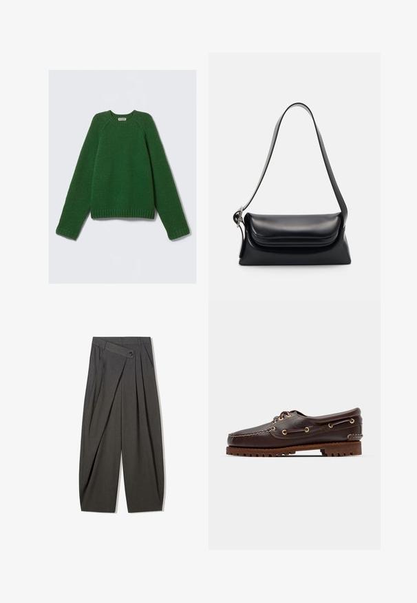 Maglione a maniche lunghe con colletto a girocollo di colore verde scuro, in maglia texturizzata, con polsini, orlo e scollatura a coste, steso su uno sfondo bianco.; Pantaloni grigi a pieghe con vita alta, dotati di chiusura a bottone e design a gamba larga. Realizzati in un tessuto liscio e intrecciato.; Scarpa da barca in pelle marrone con occhielli dorati, lacci tondi e una suola in gomma marrone texturizzata. Presenta dettagli cuciti e un logo in rilievo.; Borsa a tracolla nera in pelle con una forma strutturata, una texture liscia e una singola tracolla. Presenta un design a patta arrotondata e discreta.