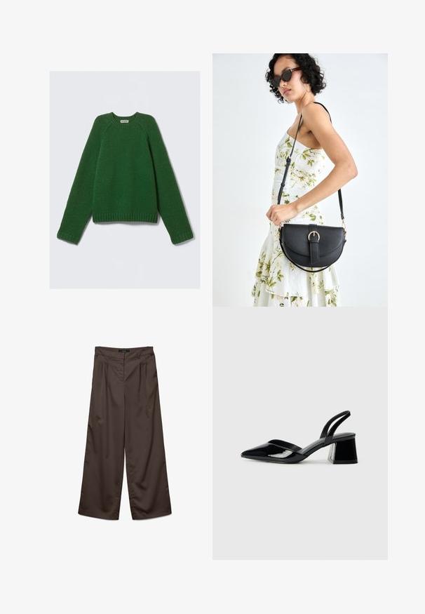 Suéter de cuello redondo de manga larga en verde oscuro, tejido texturizado, con puños, dobladillo y cuello de canalé, colocado sobre un fondo blanco.; Pantalones de pierna amplia en tela de color marrón oscuro con una textura suave. Sus características incluyen pliegues en la parte frontal y una cintura estándar.; Zapatos de tacón slingback de charol negro con punta afilada y tacón geométrico en bloque. Presentan un diseño elegante y minimalista, así como una textura suave.; Bolso de piel negra con forma curva, correa desmontable y herrajes dorados. El bolso cuenta con una solapa con un detalle de hebilla.