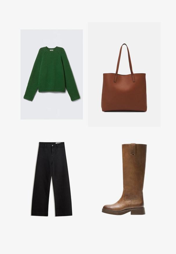 Langärmliger Rundhalsausschnitt-Pullover in Dunkelgrün, strukturierter Strick, mit gerippten Bündchen, Saum und Kragen, flach auf einem weißen Hintergrund ausgelegt.; Schwarze weit geschnittene Jeans mit hoher Taille, ausgestattet mit Vorder- und Hintertaschen, gesteppten Nähten und einem Knopfverschluss. Glatte Textur.; Braunes Leder-Knöchelhochstiefel mit abgerundetem Zeh, strukturiertem Obermaterial und niedrigem, gestapeltem Absatz. Verfügt über ein seitliches Einsätzen und eine Ziehschlaufe an der Oberseite.; Braune Leder-Tote mit glatter Textur, offenem Oberteil und zwei Schulterriemen. Verfügt über minimale Nähte und keine sichtbaren Beschläge.