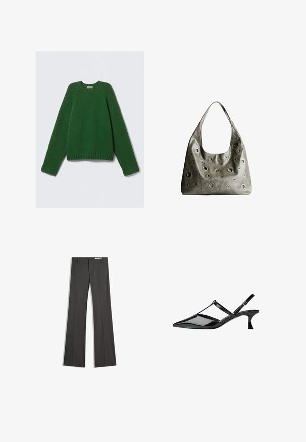 Langärmliger Rundhalsausschnitt-Pullover in Dunkelgrün, strukturierter Strick, mit gerippten Bündchen, Saum und Kragen, flach auf einem weißen Hintergrund ausgelegt.; Graue weit ausgestellte Hosen aus einem glatten Stoff, mit flachem Frontbereich, Gürtelschlaufen und einem maßgeschneiderten Design mit klaren Linien.; Schwarze Lackleder Slingback-Absätze mit spitzem Zehenbereich, Kreuzriemendesign und tapered Mittel-Absatz. Glatte, glänzende Oberfläche mit Ausschnittdetails.; Olivgrünes Lederhandtäschchen mit einem lässigen Design, das verschiedene runde Ausschnitte in unterschiedlichen Größen und Akzente in dunkleren und helleren Farbtönen aufweist.