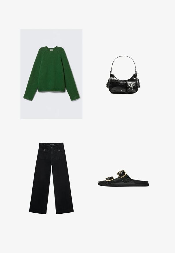 Sveter s dlhými rukávmi v tmavozelenej farbe, s textúrovaným pletením, so žebrovanými manžetami, lemom a výstrihom, položený na bielom pozadí.; Čierne široké nohavice s vysokým pásom, s dvoma prednými vreckami a kovovými detailmi na gombíku. Tkanina má hladkú textúru.; Čierne šľapky s dvoma zlatými prackami, hladký textúrovaný materiál, plochá podrážka a minimalistický dizajn.; Čierna laková kožená kabelka s ohnutým tvarom, jedným ramenným popruhom, prednými vreckami a striebornými kovovými doplnkami.