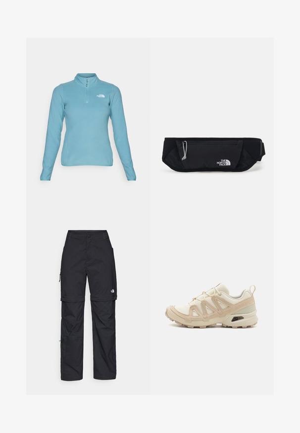 The North Face 100 GLACIER 1/4 ZIP - Polárpulóver - algae blue; Fekete, hosszú ujjú póló pamutból, kerek nyakkal. A bal mellrészen egy kis fehér logó található. Egyszerű dizájn és szabás.; Fekete nylon zipzáras cargo nadrág állítható mandzsettával, több zsebbel és logóval a jobb lábon. Simább, könnyű textúra.; Beige és krém színű sportcipő, texturált hálós felsőrésszel, támogató burkolattal és gumitalppal, amely tapadás érdekében bordázott mintázattal rendelkezik.; The North Face SUNRISER RUN BELT UNISEX - Övtáska - black/white