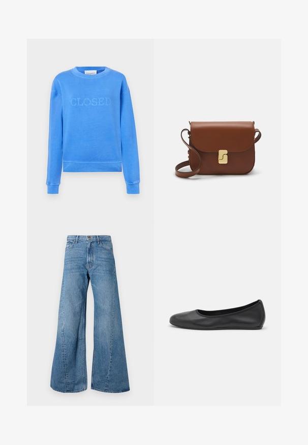 Zila džemperis ar izšūtu uzrakstu "CLOSED" nedaudz tumšākā zilā krāsā. Tam ir apaļa kakla izgriezuma forma, garas piedurknes un ribotas aproces. Izgatavots no mīkstas auduma.; Platas kājas zila džinsa bikses ar augstu jostasvietu, ar klasisku piecu kabatu dizainu un nelielu izsēdēšanos tekstūras dēļ.; Melna ādas baleta kurpe ar noapaļotu purngalu, gludu tekstūru, minimālu šuvju detalizāciju un elastīgu zoles dizainu.; Bordo ādas rokas soma ar atloku, zeltītām detaļām, plecu siksnu un gludu virsmu. Kompakta, taisnstūrveida forma.