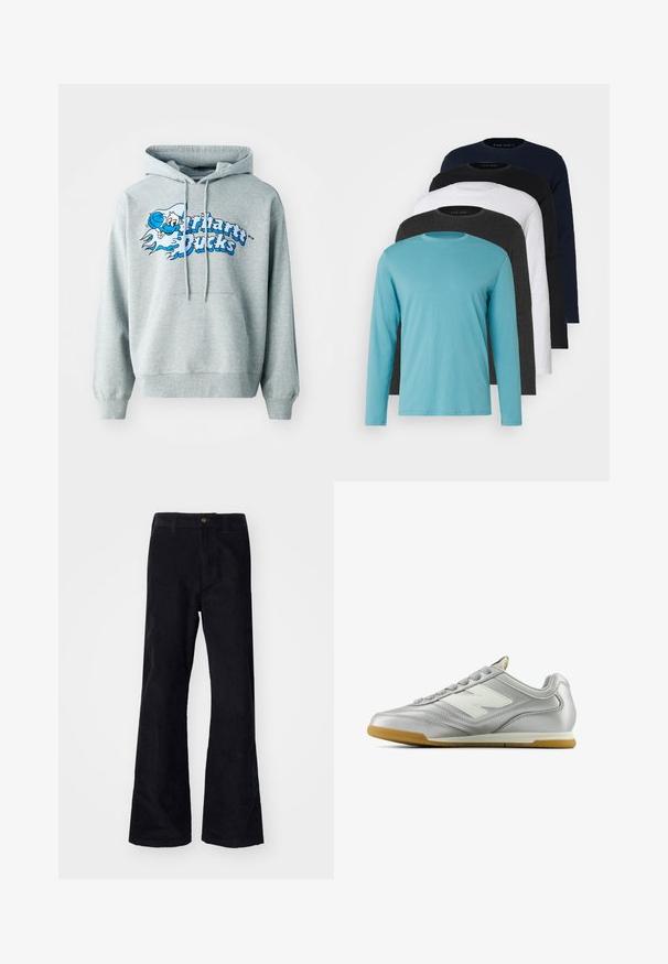 Szürke pamut kapucnis sweatshirt, állítható kapucnival, elülső zsebbel és kék grafikával, amely rajzfilmes stílusú szöveget és karaktert ábrázol. Puha tapintású.; Öt hosszú ujjú póló egymás mellett: türkiz, fekete, fehér, sötétszürke és tengerészkék. Puha anyag, kerek nyakkivágású kialakítás és standard fit.; Fekete, pamut, bokáig bővülő nadrág klasszikus derékrésszel, egyetlen elöl elhelyezett gombbal és zsebekkel az oldalán és hátul. Simább textúra.; Ezüst sportcipő sima, fényes felülettel, fehér logóval az oldalon, texturált szürke fűzőkkel és rágógumi talppal.