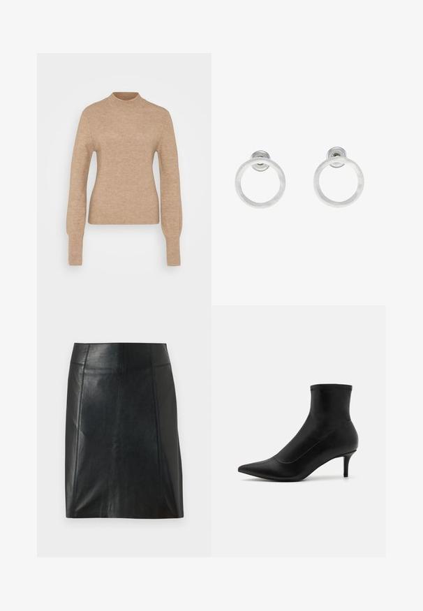 Beige ribbed knit sweater with a mock neck, long sleeves, and fitted body. Soft texture with a smooth finish. Minimalist design; no patterns.; Black leather skirt with a fitted design. Smooth texture, seams outlining shape, and a straight hem. Minimalistic and sleek appearance.; Black ankle boots made of smooth leather with a pointed toe and a short, thin heel. Features a seamless design and subtle stitching accents.; Silver metal hoop earrings with a brushed texture, featuring a circular design and a clear post back for secure wear.