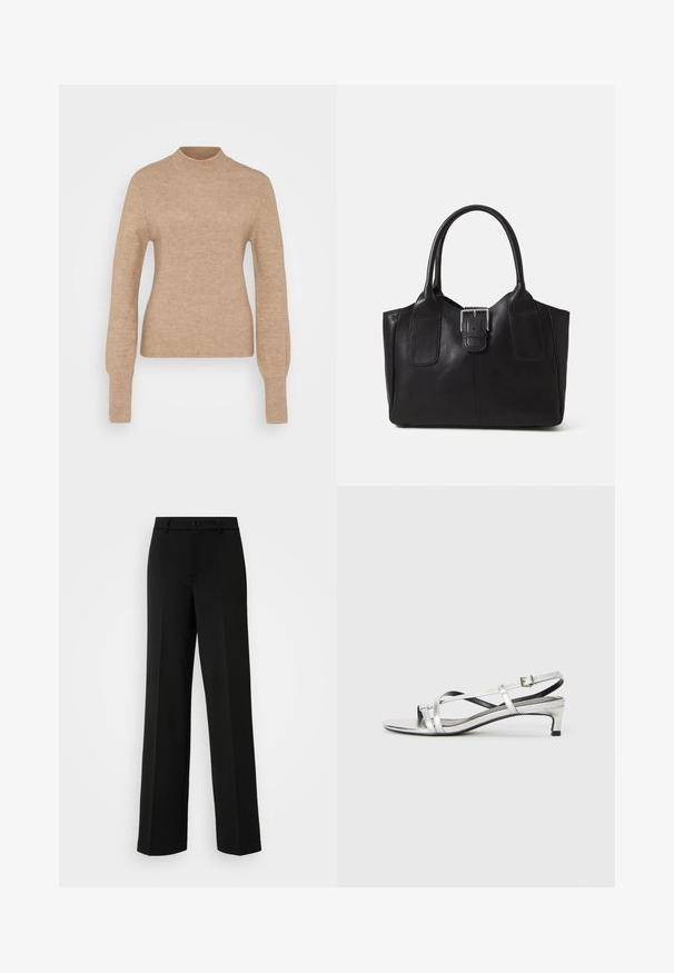 Kreminė juostelėmis megzta liemenė su aukštu kaklu, ilgomis rankovėmis ir aptemptu siluetu. Minkšta tekstūra su lygia apdaila. Minimalistinis dizainas; be raštų.; ONLY Tall ONLPEACH LIFE WIDE - Kelnės - black; Sidabrinės metalinės slingback basutės su žemu kulnu, turinčios kryžminius dirželius ir lygų tekstūrą. Minimalistinis dizainas.; Juodas odinis nešiojamas krepšys su lygiu paviršiumi, struktūrine forma, dviem rankenėlėmis ir ryškiu sidabriniu sagties akcentu priekyje.
