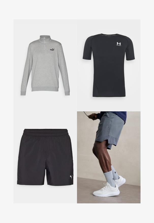 Grå hettegenser med halv-zip krage, lange ermer og ribbede mansjetter. Har en liten svart Puma-logo på venstre bryst. Myk tekstur.; Svart kortermet treningsskjorte laget av fukttransporterende, stretchy stoff. Har rund hals og en liten hvit logo på brystet.; Svartidrettsshorts med elastisk midje, laget av lett materiale, med en liten hvit logo på den nedre siden.; Hvite treningssko med teksturert mesh-overdel, kombinert med lyseblå ribbestrikkede sokker med logo. Grå treningsshorts med perforert kant.