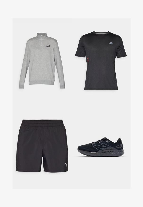 Sudadera gris con cuello de media cremallera, mangas largas y puños acanalados. Presenta un pequeño logo negro de Puma en el lado izquierdo del pecho. Textura suave.; New Balance ATHLETICS GRAPHIC - Camiseta deportiva - black; Pantalones cortos deportivos negros con una cinturilla elástica, hechos de material liviano, con un pequeño logotipo blanco en el lado inferior.; Zapatillas de correr para hombre en malla negra con una suela gruesa gris, textura circular y acentos reflectantes. Presenta el logo "New Balance" en el lateral.