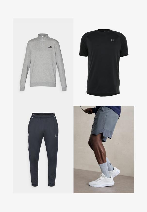 Sivá mikina so zipsom po polovici, dlhými rukávmi a rebrovanými manžetami. Na ľavej strane hrudníka je malá čierna značka Puma. Mäkká textúra.; Čierny športový krátky rukáv vyrobený z hladkej, ľahkej tkaniny. Má zaoblený výstrih a nenápadné logo na hrudi.; Čierne športové nohavice z hladkej textílie, s elastickým pásom, zúženými nohavicami a bielymi bočnými pruhmi. Obsahuje logo Under Armour.; Biele atletické topánky s textúrovaným sieťovinovým zvrškom, v kombinácii so svetlomodrými rebrovanými ponožkami s logom. Šedé atletické šortky s perforovaným lemem.