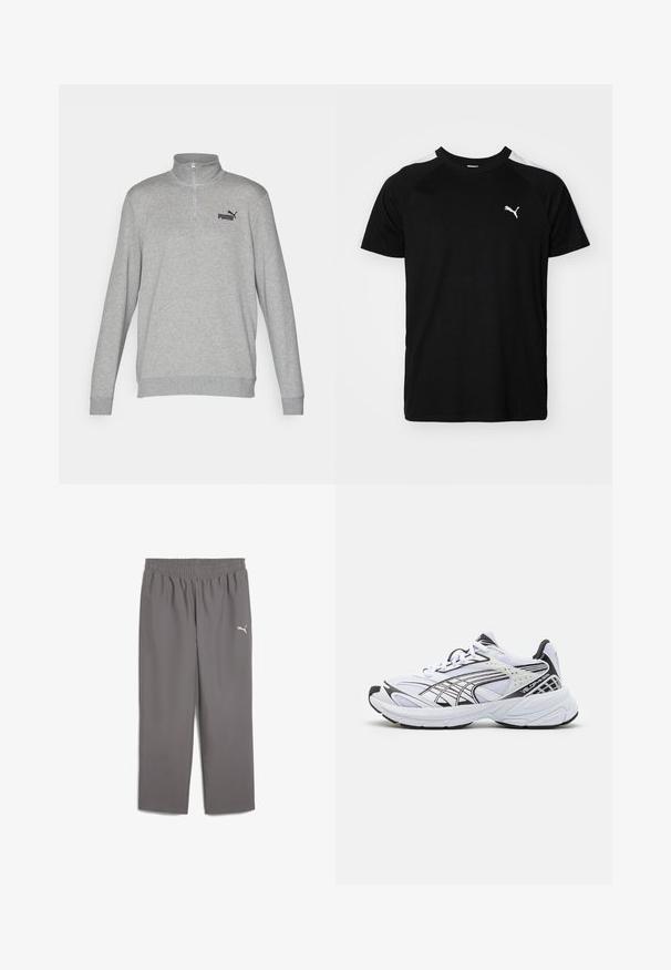 Szürke pulóver fél cipzárral, hosszú ujjaival és bordázott mandzsettáival. A bal mellen egy kis fekete Puma logó található. Puha tapintású.; Fekete, rövid ujjú póló fehér díszcsíkokkal a vállakon, kerek nyakkivágással és kis fehér logóval a bal mellrészen. Puha anyag, klasszikus fazon.; Szürke sportnadrág, rugalmas derékrésszel, könnyű anyagból készült. A bal lábon egy kis fehér logó található.; Fehér sportcipő fekete részletekkel. Hálós és szintetikus felsőrész, vastag talp és ívelt dizájn. Felszerelt fűzős elülső rész és logó részletek.