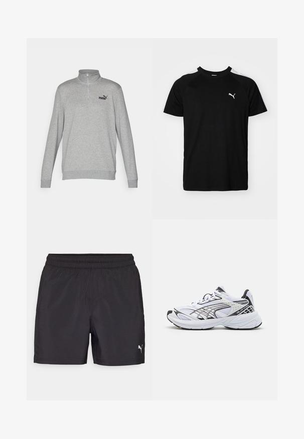 Grå sweatshirt med halvdragkedja, långa ärmar och ribbade muddar. Har en liten svart Puma-logotyp på vänster bröst. Mjuk textur.; Svart t-shirt med kort ärm och vita accentlinjer på axlarna, rund halsringning och en liten vit logotyp på vänster bröst. Mjuk tyg, klassisk passform.; Svarta idrottsshorts med elastisk midja, tillverkade av lätt material, med en liten vit logotyp på nedre sidan.; Vitaidkor med svarta accenter. Överdel i mesh och syntetmaterial, tjock sula och böjd design. Har snörning framtill och logodetaljer.