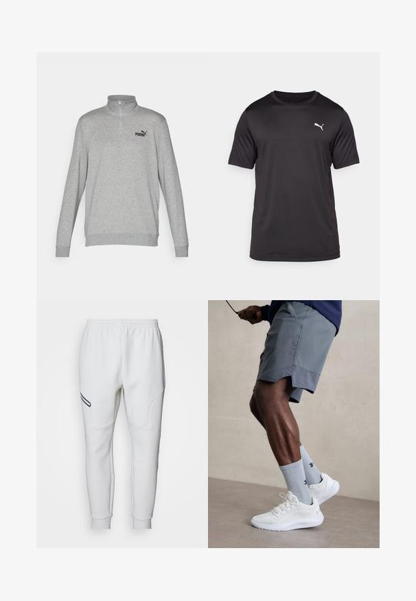 Gray sweatshirt with a half-zip collar, long sleeves, and ribbed cuffs. Features a small black Puma logo on the left chest. Soft texture.; Black athletic t-shirt made of moisture-wicking fabric, round neck, short sleeves, featuring a small white logo on the left chest.; White sweatpants with a soft, smooth texture. Features curved side panels and a black accent stripe. Elastic waistband for adjustable fit.; White athletic shoes with textured mesh upper, paired with light blue ribbed socks featuring a logo. Grey athletic shorts with perforated trim.