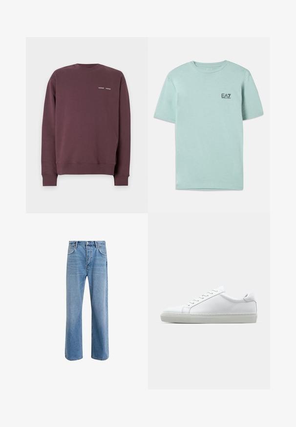 Burgundia karvaga tehtud pehme puuvillasegune sweatshirt, millel on ümar kaelus, ribaga mansetid ja rindkeres väike valge logo.; Hele helesinine t-särk, mis on valmistatud puuvillast, lühikeste varrukatega ja ümmarguse kaelusega, rinnal väike must EA7 logo.; Heledad sinine teksapüksid otse lõikega, viie taskuga, nupuga sulgemine, minimaalne kulumine ja kontrastsed õmbluse detailid.; Valge tennisetoss, millel on sile nahk pealis ja madal profiil. Omab ümarat ninaosa, kuut silmust ja tekstuuriga kummist talda.