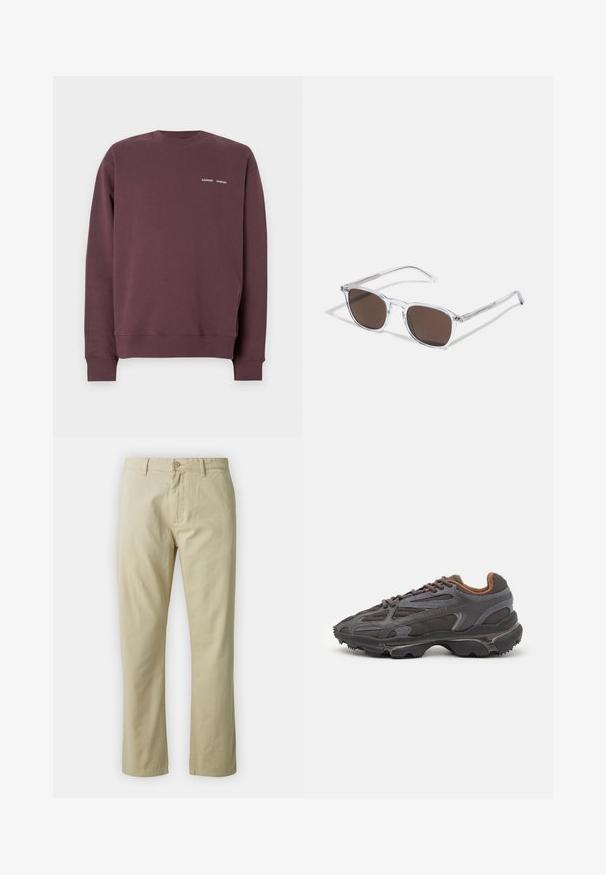 Sweatshirt em cor bordô, feito de uma mistura de algodão suave, com um decote redondo, punhos canelados e um pequeno logótipo branco no peito.; Calças de algodão bejes com um design de perna reta, fecho frontal com botão e passantes para cinto. Textura suave, sem padrões ou detalhes visíveis.; Ténis Lacoste em cinza-escuro com material em malha e sintético, apresentando uma sola texturizada e detalhes castanhos na gola e na marca.; Óculos de sol transparentes com lentes retangulares castanhas, apresentando hastes finas e transparentes e detalhes em metal nas laterais.
