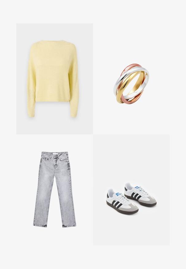 Rumena pletena jopica z dolgimi rokavi, okroglim izrezom in ohlapnim krojem. Mehka tekstura z diskretnih vzorcem po celotni površini.; Bela bombažna majica z okroglim izrezom, kratkimi rokavi in sproščenim krojem. Ima subtilne šive in etiketo na ovratniku.; Sive traperice z ravnim krojem, z obdelanimi detajli, petimi žepi in bakrenimi zakovicami. Pas ima oznako z logotipom.; Športni čevlji z belim usnjenim zgornjim delom, sivim semišem na prstih in tremi črnimi črtami. Imajo modro logo na jeziku in teksturiran gumijast podplat.; Tri interlocking prstani iz poliranega srebra, zlata in rožnatega zlata, z gladkim, zaobljenim oblikovanjem in sijočo površino.