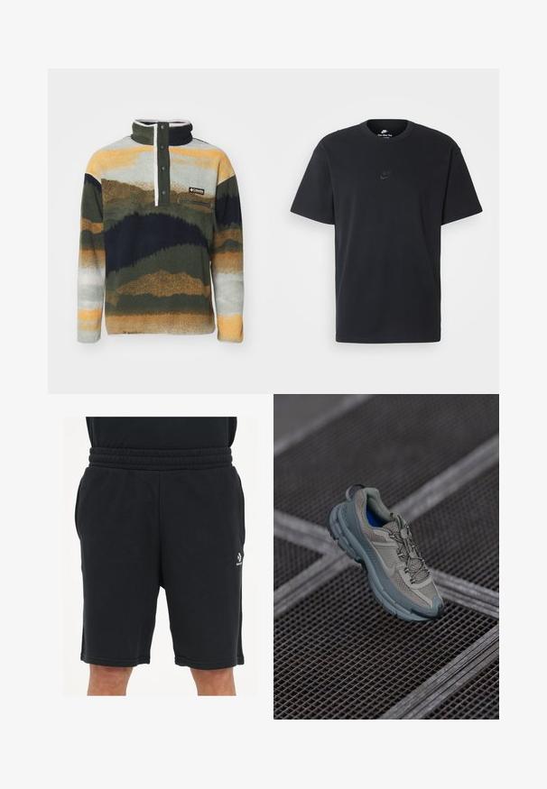 Columbia HELVETIA - Polárpulóver - greenscape; Fekete pamut póló Nike márkájú, klasszikus, kerek nyakú, rövid ujjú, és letisztult, dombornyomott logóval a mellkason. Simább textúra.; Fekete rövidnadrág, puha anyagból készült, rugalmas derekával, oldalsó zsebekkel és egy kis logóval az alsó lábszáron.; Beige és szürke sportcipő, texturált hálós felsőrésszel, kerek orral és gumitalppal, fűzőkkel és párnázott bokával.