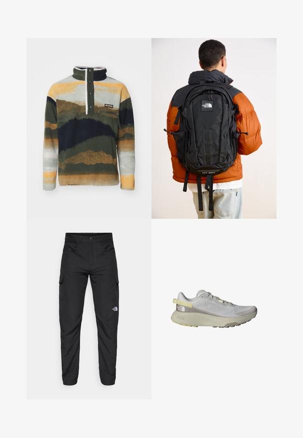 Columbia HELVETIA - Camisola de lã polar - greenscape; The North Face HORIZON PANT - Calças para exterior - black; The North Face ALTAMESA 300 - Sapatilhas de trail running - glacier gray/soapstone; Mochila preta com múltiplos compartimentos, bolsos laterais em malha, alças almofadadas e um emblema da marca, usada por cima de uma jaqueta acolchoada laranja.