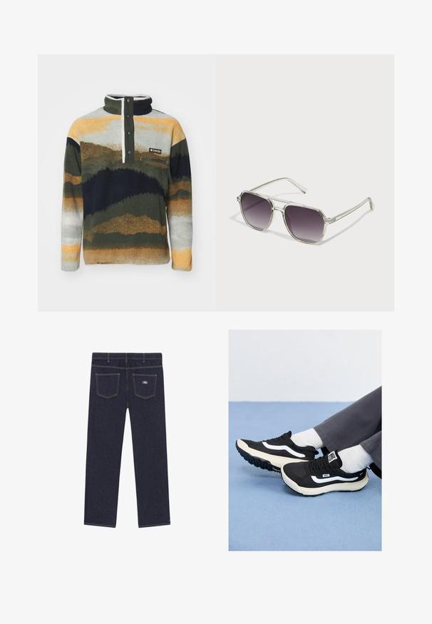 Columbia HELVETIA - Fleecepullover - greenscape; Dunkelblaue Jeans mit geradem Schnitt, ausgestattet mit zwei Gesäßtaschen und kontrastierenden gelben Nähten. Markenetikett auf der rechten Tasche.; Schwarze Sneaker mit weißen Akzenten, aus Mesh- und Gummimaterialien, mit einer strukturierten Sohle und Fersenschlaufe. Getragen mit weißen Socken und grauen Hosen.; Klarsicht-Sonnenbrille mit quadratischer Form und Verlaufsgrauen Gläsern. Schlanke silberne Akzente an den Bügeln sorgen für Details.