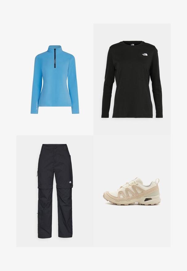 Jasnoniebieski polarowy pulower z kołnierzem na zamek błyskawiczny do półowy. Posiada długie rękawy oraz logo Polartec na lewym rękawie. Gładka tekstura.; Czarna koszulka z długim rękawem z bawełny z okrągłym dekoltem. Posiada niewielkie białe logo po lewej stronie na piersi. Prosty design i fason.; Czarne nylonowe spodnie cargo z odpinanymi nogawkami, regulowanymi mankietami, wieloma kieszeniami oraz logo na prawej nogawce. Gładka, lekka tekstura.; Beżowe i kremowe buty sportowe z teksturowanej siateczki, wspierającymi nakładkami oraz gumową podeszwą z wzorem bieżnika zapewniającym przyczepność.