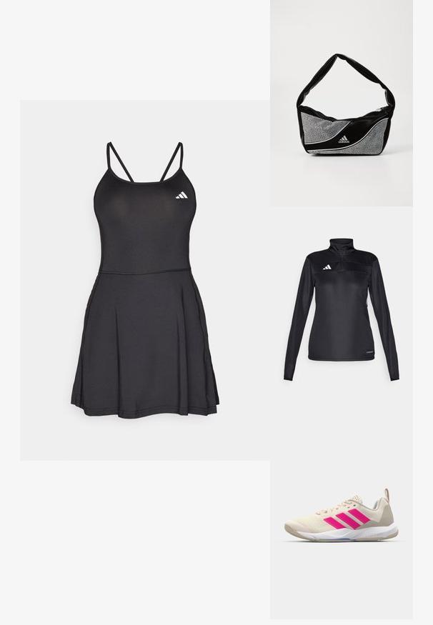 Čierny športový pulóver s polovičným zipsom na golieri, dlhými rukávmi, bielym logom na hrudi a textúrovanou tkaninou pre priedušnosť.; Čierne športové šaty s priliehavou bodicou, tenkými popruhmi a rozšírenou sukňou. Na hornej ľavej strane sa nachádza logo Adidas v bielej farbe. Hladká textúra.; Béžová atletická obuv s ružovým logom trojpruhov, textúrovaný sieťový zvršok, polstrovaný golier a biela gumová podrážka s označením "LIGHTSTRIKE".; Čierna a strieborná taška adidas s hladkým povrchom, s lesklým nitovaným vzorom a výrazným zakriveným dizajnom.
