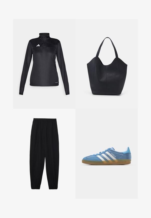 Pull-over de sport noir avec un col à demi-fermeture éclair, des manches longues, un logo blanc sur la poitrine et un tissu texturé pour la respirabilité.; Pantalons noirs légers avec une taille élastique et des chevilles froncées. Le tissu est lisse et présente un design décontracté et fuselé.; adidas Originals GAZELLE INDOOR - Baskets basses - footwear white; Sac fourre-tout noir en cuir lisse, doté d'un haut ouvert et courbé avec deux brides d'épaule et un design minimaliste.