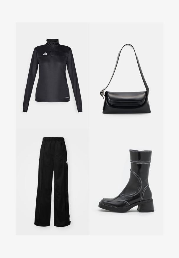 Czarny odzieżowy pulower z pół zamkiem, długimi rękawami, białym logo na piersi oraz teksturowanym materiałem zapewniającym oddychalność.; Czarne szerokie spodnie dresowe z elastycznym pasem, z białymi paskami po bokach i małym logo na lewym biodrze. Gładka tekstura materiału.; Czarne lakierowane botki za kostkę z białym przeszyciem, okrągłym noskiem i słupkowym obcasem. Posiadają zakrzywione linie designu oraz gładką teksturę.; Czarna skórzana torebka o zorganizowanym kształcie, gładkiej fakturze i pojedynczym pasku na ramię. Posiada subtelną, zaokrągloną klapkę.