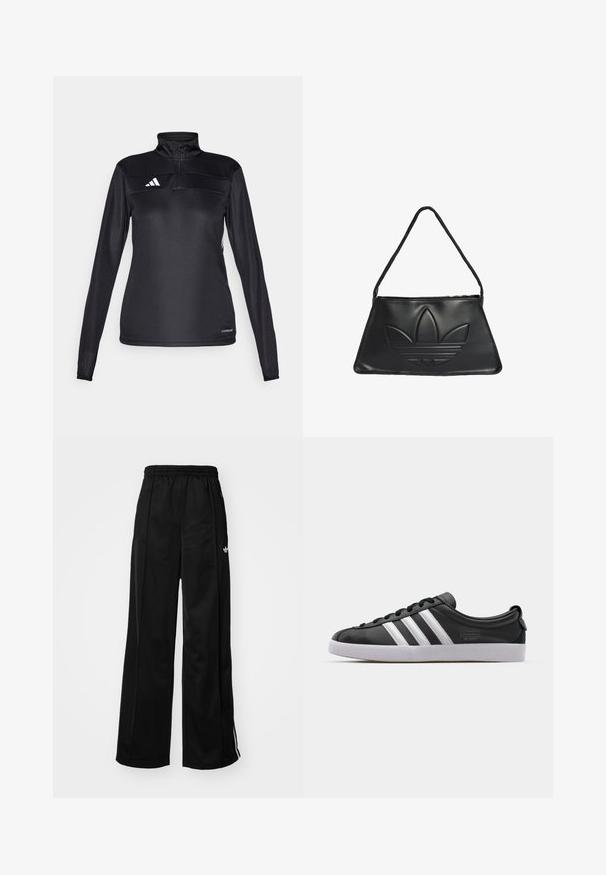 Crni sportski pulover s polu-zip ovratnikom, dugim rukavima, bijelim logotipom na prsima i teksturiranim materijalom za prozračnost.; Crne široke trenirke s elastičnom gumom u struku, s bijelim bočnim trakama i malim logotipom na lijevom kuku. Glatka tekstura materijala.; Crne kožne tenisice s bijelim dizajnom od tri pruge, zaobljenim prstom, ravnim bijelim gumiranim potplatom i oznakom branda sa strane.; Crna kožna torba trapezoidnog oblika, s uzdignutim Adidas logotipom i tankim remenom za rame. Zatvaranje na patentni zatvarač na vrhu.