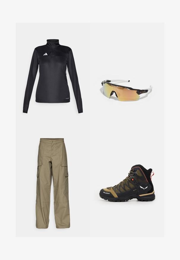 Zwarte sportieve pullover met een halflange ritskraag, lange mouwen, wit logo op de borst en een textiel waarvan de stof ademend is.; Olijfgroene cargobroek van stof, met een losse pasvorm, meerdere zijzakken en een knoopsluiting in de taille. Soepele textuur.; Mid-height wandelschoen in zwart en olijfgroen, met een bovenwerk van mesh, rubberen zool en textuurelementen met een achterste trekriem.; Zonnebril met een zwart-wit frame, grote spiegelglazen in gouden en roze tinten, aerodynamisch ontwerp en een verlengd buitenrand.