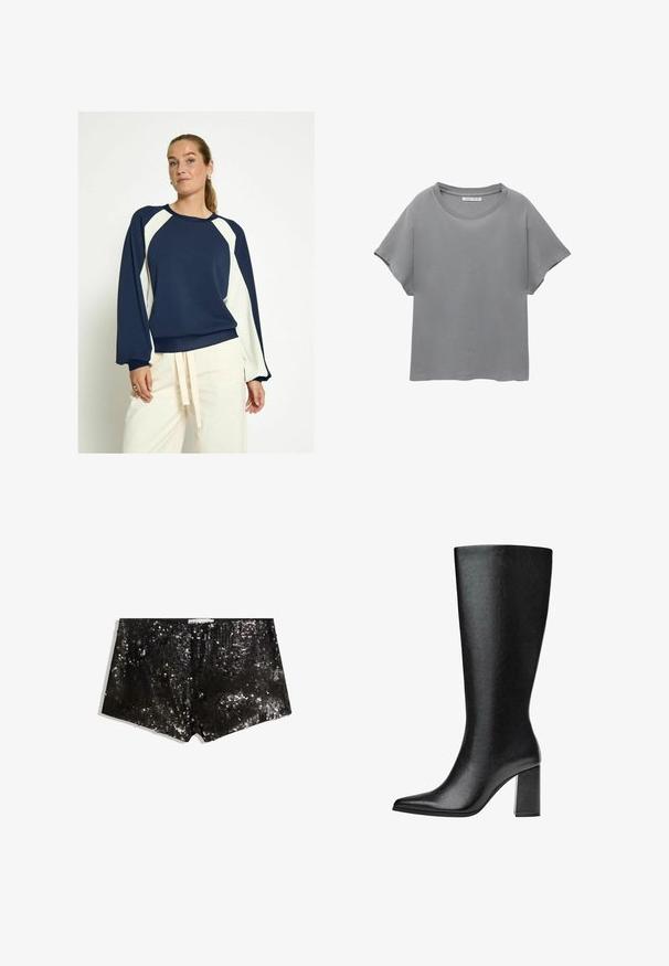 PEPPERCORN DICETTE - Collegepaita - black iris; PULL&BEAR SHORT SLEEVE - Printtipaita - grey; Mustat paljetti-shortsit, joissa on tiukka muotoilu. Ominaisuuksia ovat kiiltävät paljetit, sileä rakenne ja joustava vyötärö turvalliseen istuvuuteen.; Mustat, polveen saakka ulottuvat saappaat, jotka on valmistettu tekonahasta, teräväkärkiset, sileäpintaiset ja joissa on paksu lohko korko. Minimalistinen muotoilu ilman näkyviä yksityiskohtia.