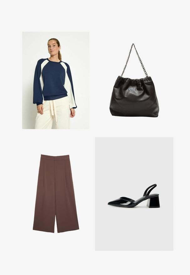 PEPPERCORN DICETTE - Mikina - black iris; Hnědé široké kalhoty s hladkou texturou, vysokým pasem a předními záhyby. Materiál je lehký a volně splývá.; Černé lakované kožené lodičky na pásku s špičatou špičkou a geometrickým blokovým podpatkem. Vyznačují se elegantním, minimalistickým designem a hladkým povrchem.; Hnědá kožená taška se sbíraným vrškem a řetízkovým popruhem. Hladký povrch s lesklým finišem a jemným švem na bocích.