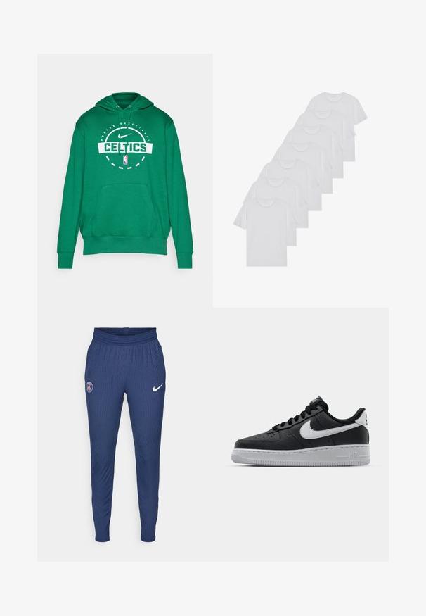 Zöld kapucnis pulóver, fehér "CELTICS" logóval, kenguruzsebbel és bordázott mandzsettákkal. Puha anyagból készült.; Fehér pamut pólók, rövid ujjúak, kerek nyak kialakítással, sima textúrával, sorba rakva, diszkrét logóval a nyaknál.; Sötétkék sportnadrág, amely texturált anyagból készült, bal combján Párizs logóval, míg a jobb lábszáron egy fehér Nike pipa látható.; Fekete bőr edzőcipő mintás felülettel, fehér Nike logóval, szürke talppal, kerek orral és fűzős dizájnnal. Az orr részen perforációk találhatóak.