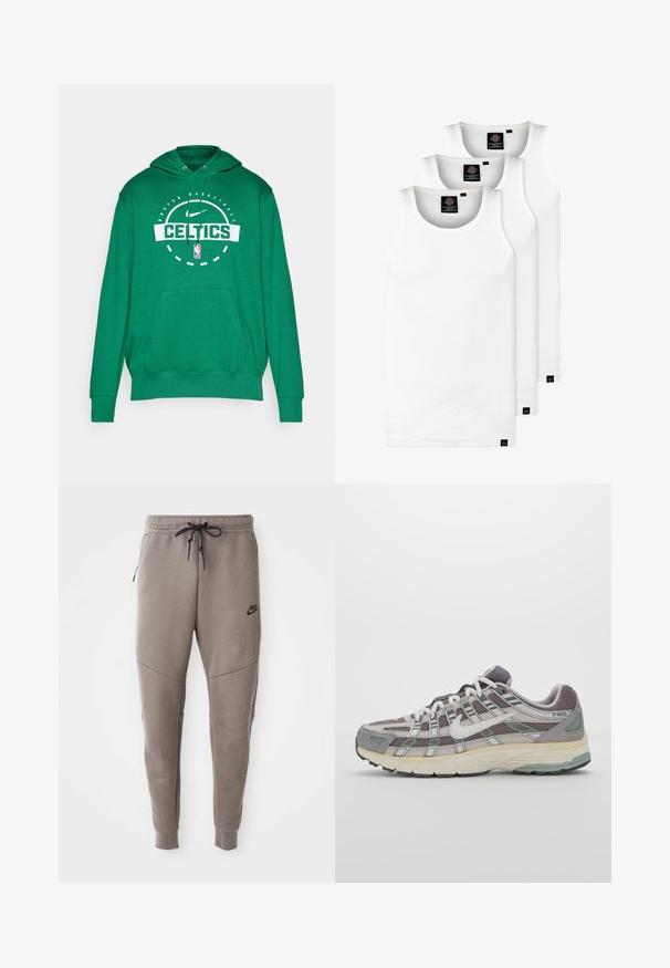 Hanorac verde cu glugă, având logo-ul "CELTICS" în alb, buzunar cangur și manșete ribbate. Fabricat dintr-un material moale.; Trei maieuri albe ribbate din bumbac. Au un guler rotund și etichete negre mici lângă tiv. Disponibile în mai multe mărimi.; Pantaloni de trening gri Nike cu un braț de strângere la talie, picioare conice, buzunare laterale și detalii de cusătură distincte. Material moale, texturat.; Pantofii sport gri sunt realizați dintr-un amestec de plasă și piele întoarsă, cu accente albe, o talpă bine îmbrăcată și un design distinctiv cu elemente reflectorizante.