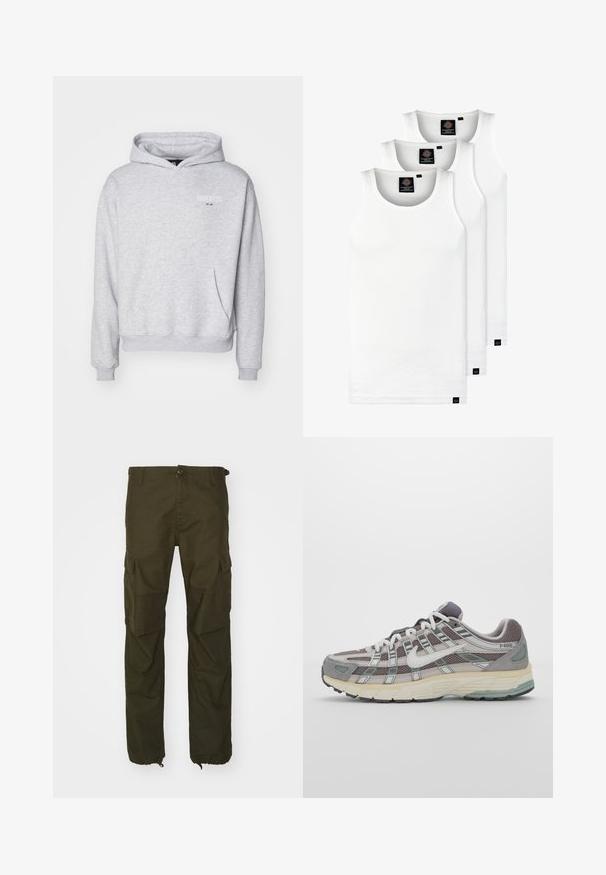 Legacies JUVENTUS TURIN ETHOS HOOD - Klubruházat - grey marl; Három fehér csíkos pamut trikó. Felső része kerek nyakkivágású, és a szegély közelében kis fekete címkék találhatók. Több méretben elérhető.; Olive zöld cargo nadrág tartós anyagból, gombos záródással, több oldal zsebbel, és elasztikus mandzsettákkal a bokáknál.; Szürke sportcipő, hálós és velúr felsőrésszel, fehér részletekkel, párnázott talppal és jellegzetes dizájnnal, amely visszaverő elemeket tartalmaz.