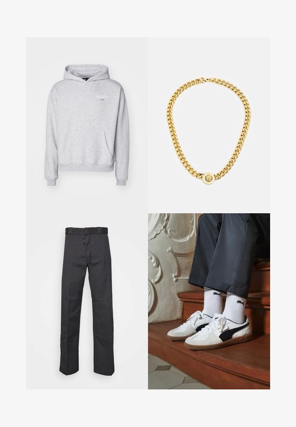 Legacies JUVENTUS TURIN ETHOS HOOD - Kluba apģērbs - grey marl; Melnas bikses, izgatavotas no izturīga auduma, ar taisnu kāju dizainu, jostu ar cilpiņām un šuvēm papildu tekstūrai.; Puma kedas baltā un melnā zamšā, ar brūnu gumijas zoli. Pāris ar baltām zeķēm, kurās redzams melns logo, nēsātas ar tumšām biksēm.; Zelta ķēdes kaklarota ar lielām savstarpēji savienotām saitēm, centrā ar apaļu piekari, kurā ir izcelts emblema.