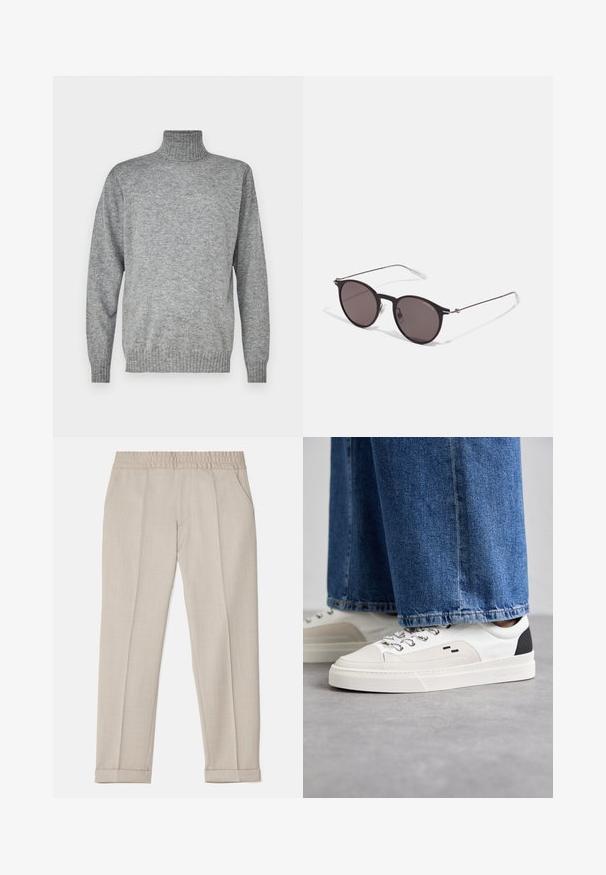 Šedý rolák vyrobený z pletené látky. Má ribbovaný límec a manžety, s uvolněným střihem a hladkou texturou. Bez vzorů nebo akcentů.; Filippa K TERRY CROPPED TROUSERS - Kalhoty - sage melange; Bílé a černé tenisky s hladkým koženým svrškem, texturovanými akcenty a robustní bílou podešví. Mají klasický design se šněrováním.; Černé kulaté sluneční brýle s tmavými skly a tenkými kovovými nohami. Obsahují průhledné koncovky nožiček a stříbrné akcenty na pantu. Minimalistický design.