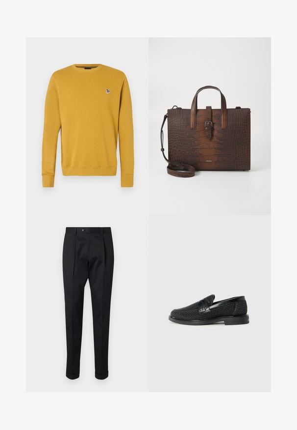 Mosterdgeel sweatshirt met een ronde hals, ribgebreide boorden en onderrand, voorzien van een klein geborduurd ontwerp op de borst. Zachte stoffen textuur.; Zwarte broek gemaakt van een gladde stof, met een plooi aan de voorkant, een knopen sluiting en opgerolde manchetten bij de enkels.; Zwartegeweven instap schoenen met een glad leren accent aan de bovenkant, een ronde neusontwerp en een laag profiel rubberen zool.; Bruine handtas van krokodillenleer met reliëf, voorzien van bovenhandgrepen en een afneembare schouderband. Bevat een gespsluiting en heeft een rechthoekige vorm.