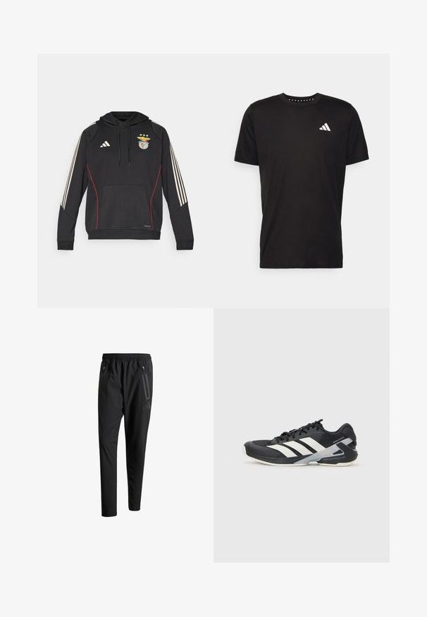 Sort Adidas hoodie med en frontlomme, røde detaljer og tre beige striber på hver ærme. Har et Benfica-logo og snoretræk i hætten.; Sort bomulds T-shirt med korte ærmer, rund hals og et hvidt logo på venstre bryst. Glat tekstur og enkelt design.; Sorte atletiske bukser med elastisk talje, to lynlåslommer på siden, tætsiddende ben og en diskret logo-detalje på hoften.; Sort sportsko med hvide striber, mesh-overdel, rund tå og dæmpet sål. Har en tekstureret hæl og et sikkert snøresystem.