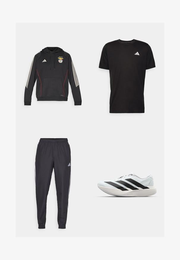 Čierna mikina Adidas s predným vreckom, červenými akcentmi a tromi béžovými pruhmi na každom rukáve. Obsahuje logo Benficy a kapucňu so šnúrkami.; Čierne bavlnené tričko s krátkymi rukávmi, klasickým výstrihom a bielym logom na ľavej strane hrude. Hladká textúra a jednoduchý dizajn.; Čierne športové nohavice s elastickým pásom, s bielymi pruhmi po bokoch a malým logom na boku. Hladká textúra.; Ľahké bežecké topánky v svetlomodrej farbe s čiernymi pruhmi. Majú hladký zvršok, okrúle špičky a hrubú bielu medzipodrážku označenú "LIGHTSTRIKE PRO."