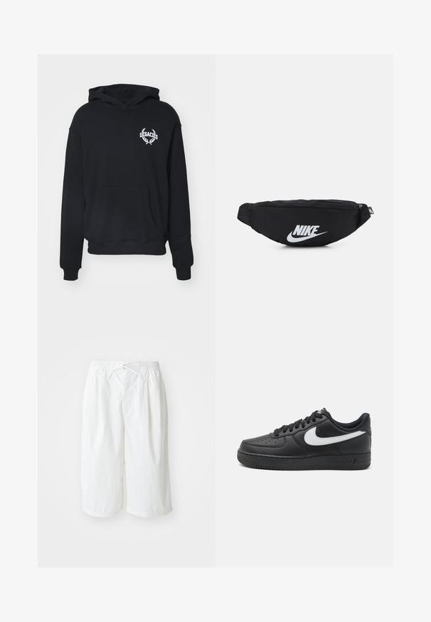 Legacies LEGACIES DROP HOOD - Felpa con cappuccio - black; Pantaloni corti bianchi con vita elasticizzata e coulisse, presentati su uno sfondo chiaro e semplice. Adatti per un abbigliamento casual o per la stagione calda.; Sneaker Nike Air Force 1 nere con tomaia in pelle liscia, accentuato da un logo bianco, punta perforata e suola in gomma testurizzata.; Marsupio nero in nylon con chiusura zip, caratterizzato da un grande logo Nike bianco. Texture liscia e design ergonomico per un'indossabilità confortevole.