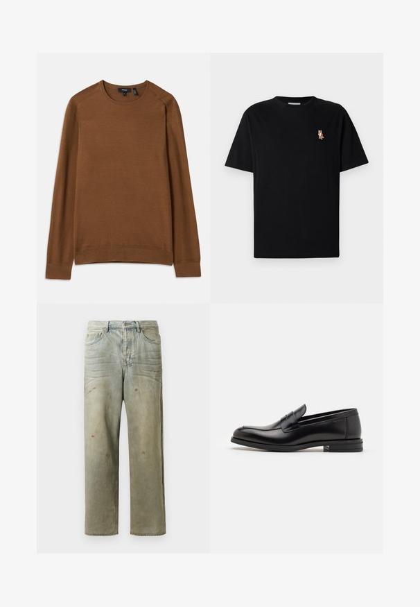 Ruskea neulepaita, jossa on pyöreä pääntie, pitkät raglan-hihat ja tekstuuripinta. Varustettu ribbireunuksilla hihansuissa ja helmassa, jotka luovat istuvan ilmeen.; Mustat lyhythihaiset pyöreäkauluksiset t-paidat, joissa on pieni brodeerattu oranssi kettu-logo vasemmassa rinnassa.; Vaaleanvihreät kulutetut farkut suoran lahkeen, viiden taskun muotoilun ja epätasaisen haalistumisen sekä maalikohoumiin kanssa.; Mustat nahkakengät, joissa on sileä pinta, pyöreä kärki ja koristeellinen nauha jalkapöydän yli. Matala pinoitu koroke, minimalistinen muotoilu.